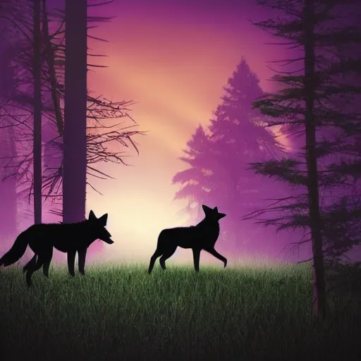 Prompt: silhouette art of wolves in a forest, good proportions, stunning, sunset, intricate, 4 k wallpaper, trending on artstation gradient black to purple