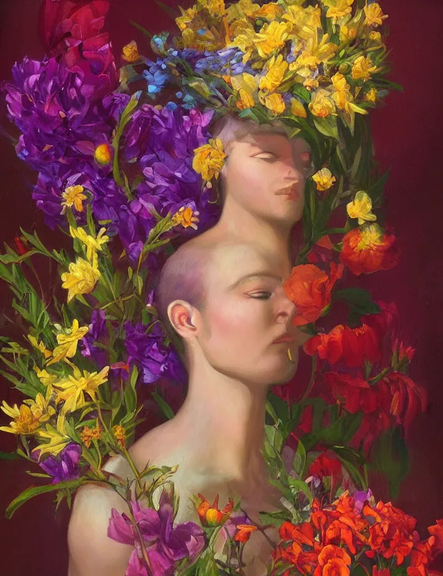 Prompt: androgynous deity of light and flowers. this oil painting by the beloved art noveau painter has interesting color contrasts, plenty of details and impeccable lighting.