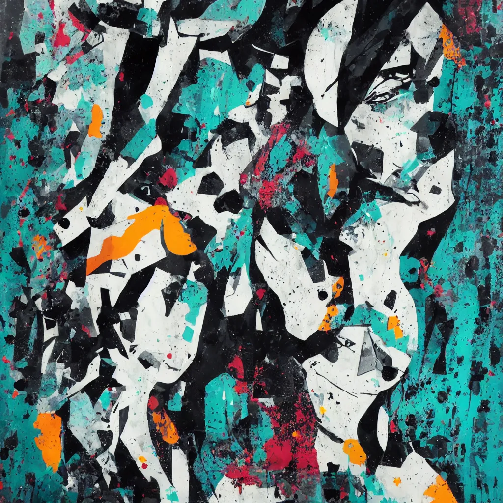 Image similar to girl figure, abstract, jet set radio artwork, ryuta ueda artwork, cryptic, rips, spots, asymmetry, stipple, lines, splotch, color tearing, pitch bending, stripes, dark, ominous, eerie, hearts, minimal, points, technical, old painting, natsumi mukai artwrok, folds