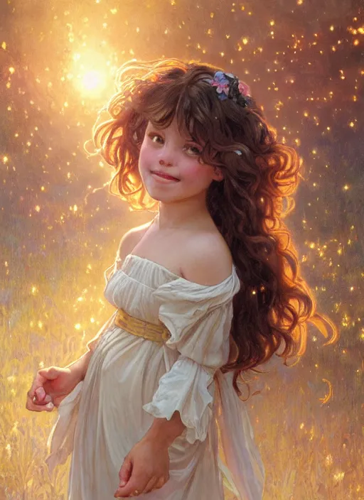 Image similar to A cute little girl with shoulder length curly brown hair with a happy expression wearing a summer dress dancing with fireflies, she is in the distance. beautiful fantasy art by By Artgerm and Greg Rutkowski and Alphonse Mucha, trending on artstation.