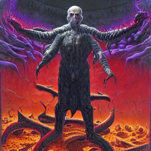 Image similar to a death metal album cover art depicting benjamin netanyahu as a hellish overlord, by wayne barlowe