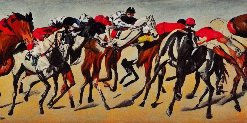 Image similar to horse race, black and white with color highlights, italian futurism style