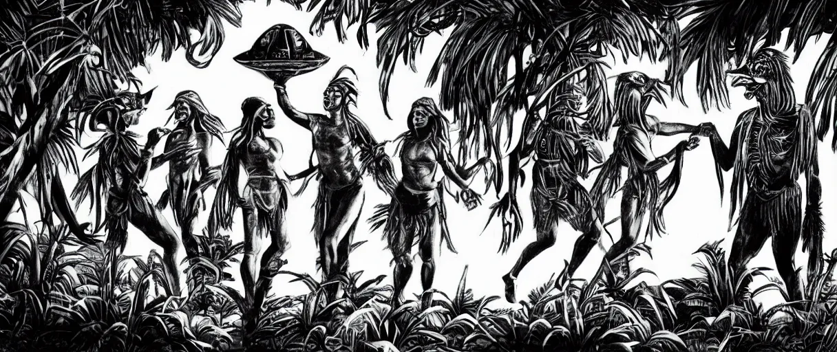 Image similar to aztecs shake hands with aliens in jungle with spaceship. highres. feathers. noir.