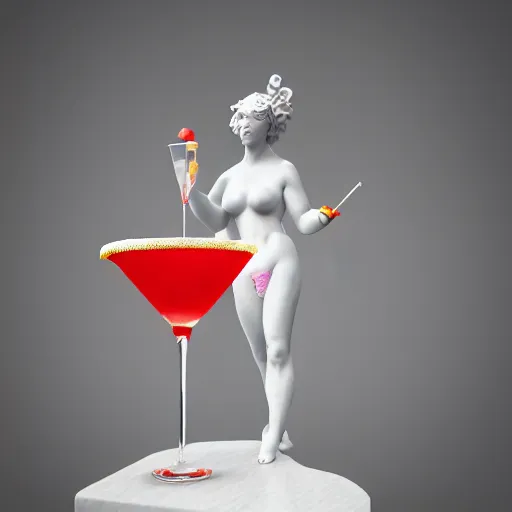 Image similar to close - up of white reneissance statue holding a coctail, colorful coctail, digital painting, 3 d render