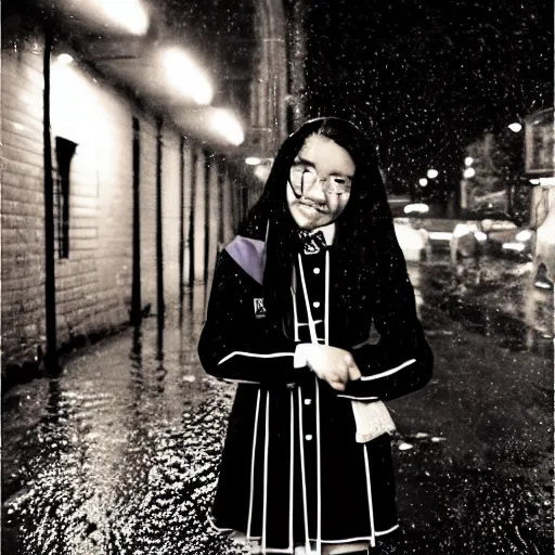 Image similar to night flash portrait photography of a high school girl in catholic uniform on the lower east side by annie leibovitz, colorful, nighttime!, raining!