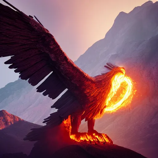 Prompt: giant fire eagle coming out of a vulcano, beautiful light, mountains, nature, fantasy book, d & d, high detail, 8 k, octane render painting, dark fantasy