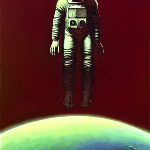 Prompt: long shot of among us red astronaut without arms, space ship in the background, amogus, art by zdzislav beksinski, high quality, dark hues, higly detailed, oil painting