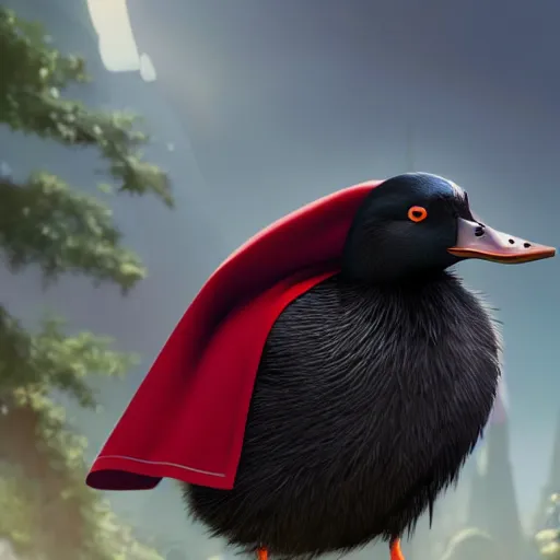 Image similar to a wholesome animation key shot of a black mallard, wearing red cultist robe, pixar and disney animation, sharp, rendered in unreal engine 5, anime key art by greg rutkowski, bloom, dramatic lighting