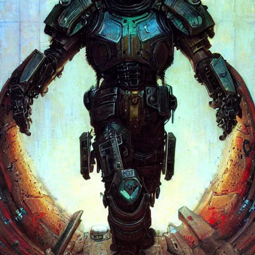 Image similar to the doomslayer as a cyberpunk knight, closeup portrait art by norman rockwell and donato giancola and greg rutkowski