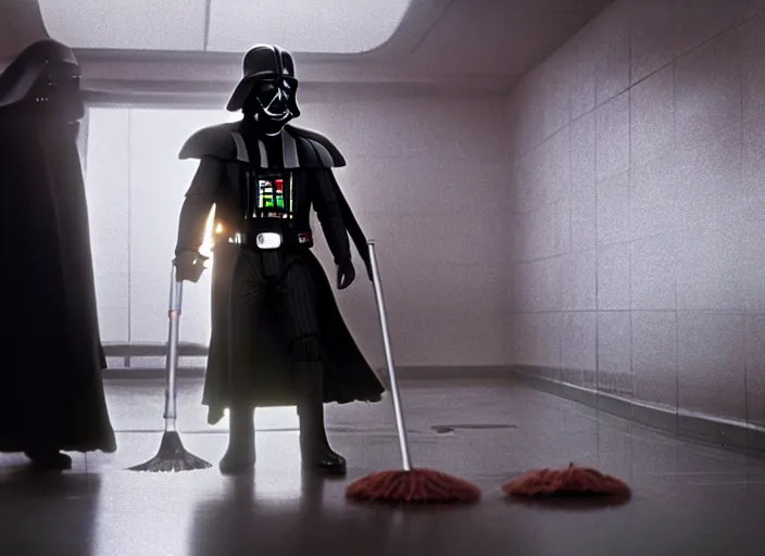 Image similar to film still of Darth Vader working as a janitor in the new Star Wars movie, 4k