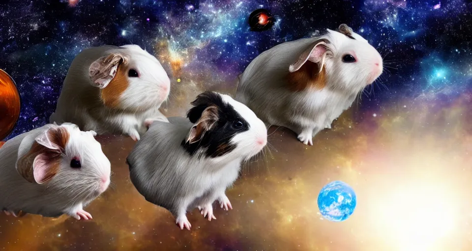 Image similar to ultra realistic guineapigs floating in space suits floating in space, 4 k, 8 k, nebula, universe, many stars, space station