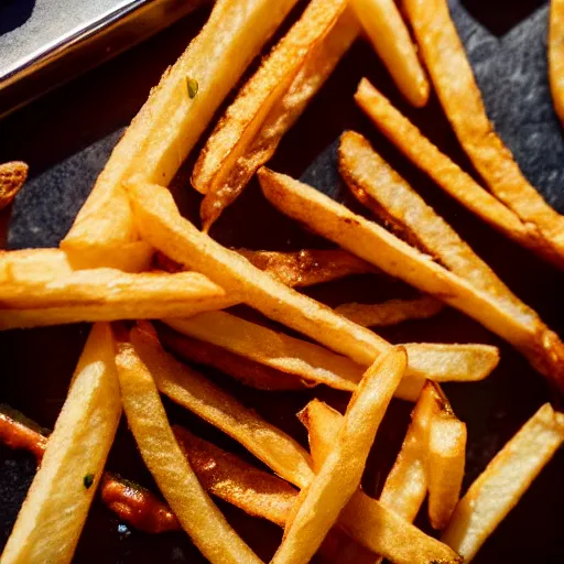 Prompt: macro photo of french fry being dipped in ketchup