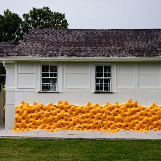 Prompt: the exterior of a suburban home, made of cheese, a wall of cheese