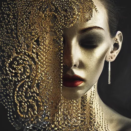 Image similar to award - winning painting, gold and silver shapes, elegant, luxurious, beautiful, lovecraftian, beksinksi, chiaroscuro, close - up portrait shot