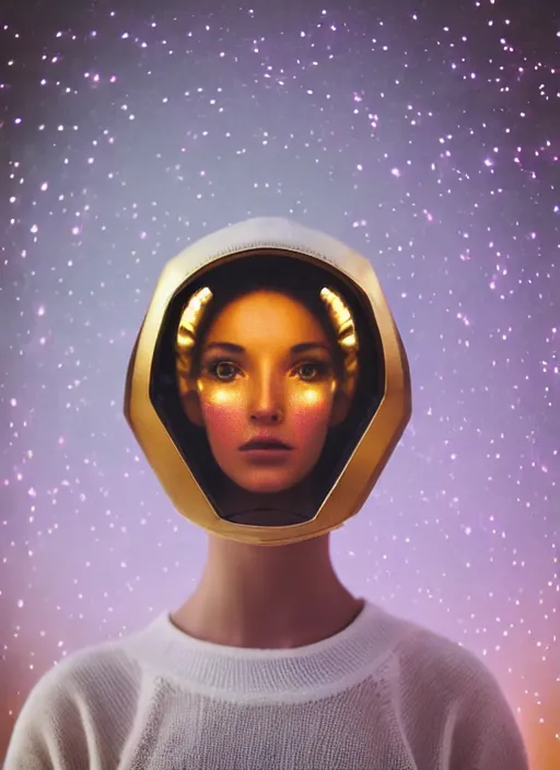 Prompt: photograph portrait of a very pretty!!! woman! symmetric face, petzval lens. out of focus, look at the camera. in an very detailed gold astronaut costume. futuristic helmet, led lights reflections. space. by alesio albi and george lucas and stanley kubrick