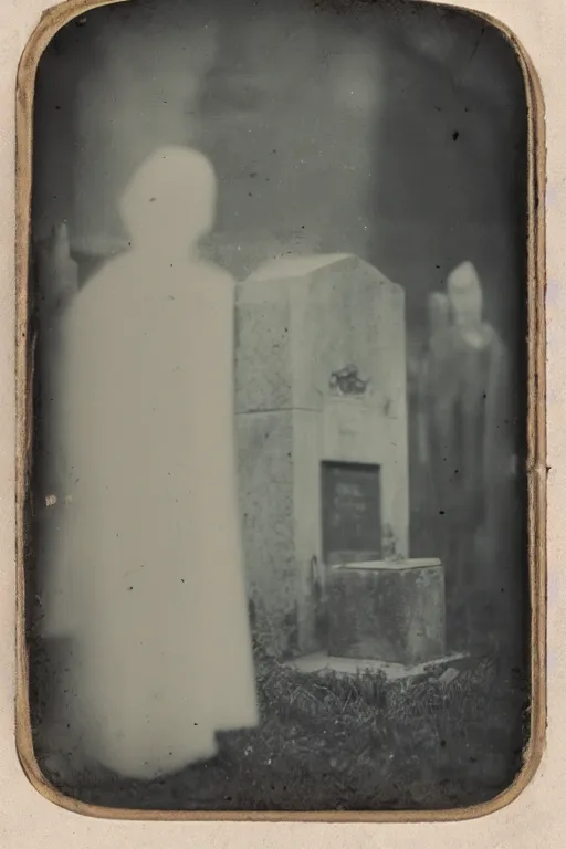 Prompt: cemetery with ghosts : : old vintage photography, damaged photo, daguerreotype, ambrotype, black and white, archive, film artifacts, scratches, tears, hyperrealistic, ultra detailed