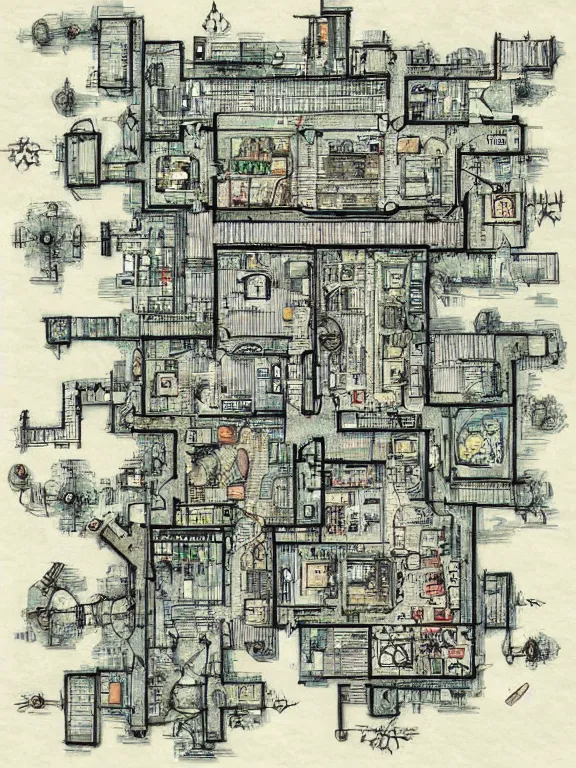 Image similar to A floor plan map illustration of a silent Hill city in labyrinth,by James Paick,Jane Newland，Peter Mohrbacher,peter gric,aaron horkey,Chris Ware,trending on pinterest,full of color,high detail,maximalist