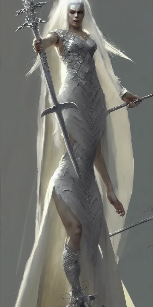 Image similar to craig mullins painting of queen of zokra, silver white hair, long gown, sorceress sword, soft lighting, trending on artstation, by huang guangjian and gil elvgren and sachin teng