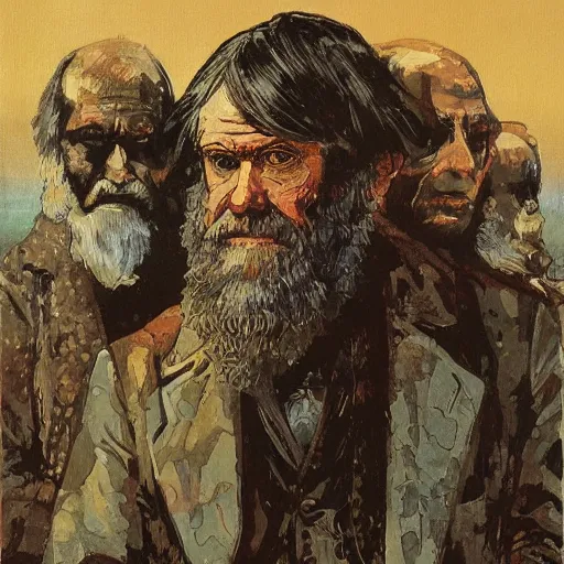 Image similar to portrait of charles darwin with human species from the future, hanafuda oil on canvas by ivan shishkin, james jean and yoji shinkawa