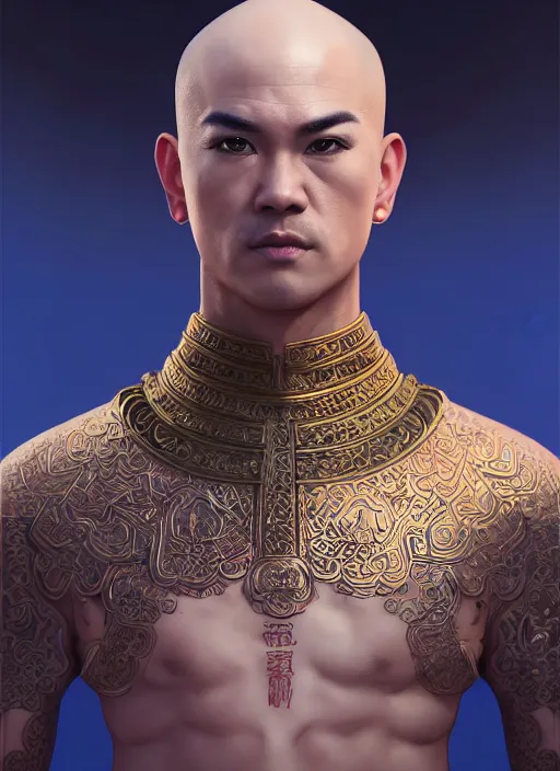 Image similar to male martial artist with a mostly shaved head and a high ponytail!!! asian facial features and blue eyes!! intricate ornate blue robes!! character concept art, sharp focus, octane render! unreal engine 5! highly rendered!! trending on artstation!! detailed linework!! illustration by artgerm, wlop, and chie yoshii