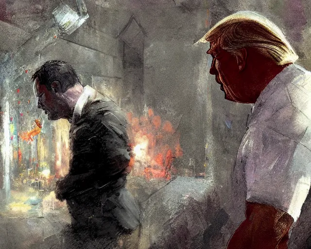 Prompt: portrait of Alex Jones kissing Donald trump wearing prison clothes while prison sittibg in a prison jail cell behind bars, craig mullins, vibrant color, octane