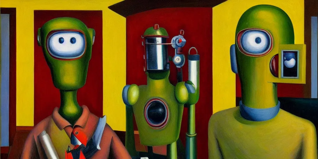 Prompt: devious robot with shifty eyes portrait, lowbrow, pj crook, grant wood, edward hopper, oil on canvas