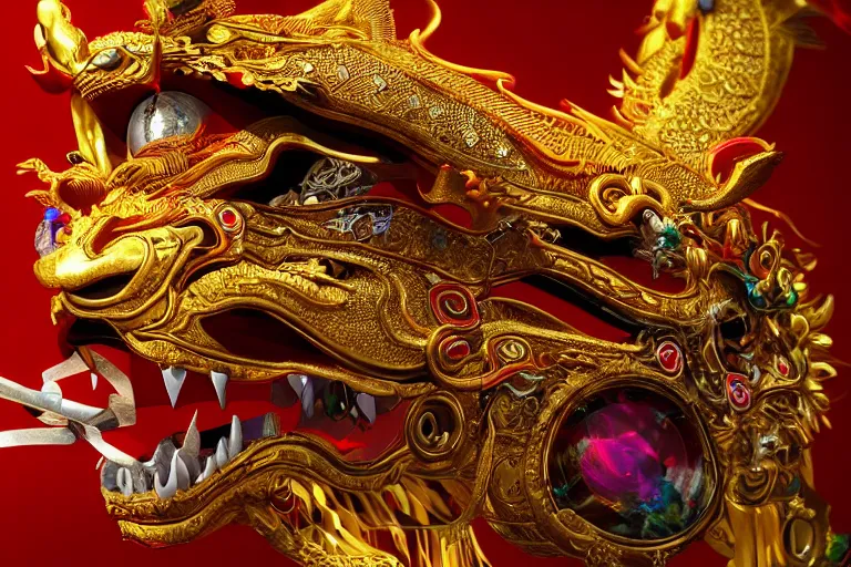 Image similar to cinematic closeup portrait of a golden chinese dragon intricately decorated with colorful jewels, bokeh, sunlit, godrays, detailed textures, dramatic lighting, unreal engine, cgsociety, artstation, 4k