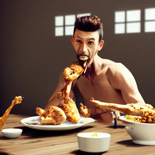 Prompt: a very skinny man feasting on chicken drumsticks, octane render, unreal engine