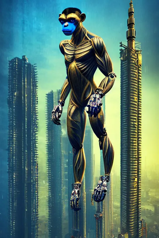 Image similar to high quality 3 d render ultra realistic mischievous cyborg muscular man monkey blue hybrid sitting, gold madhubani, highly detailed, cyberpunk!! mumbai in the background, unreal engine cinematic smooth, szukalski & blade runner, moody light, low angle, uhd 8 k, sharp focus