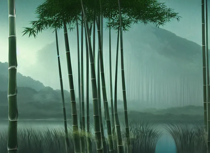 Prompt: deep in a misty japanese bamboo forest, lake foreground, mountain background, sunny, cartoony, stylized anime, sun rays, soft, moody lighting, by hayao miyazaki, ghibli studio, makoto shinkai, toei animation, studio trigger, trending on artstation, 4 k, hd