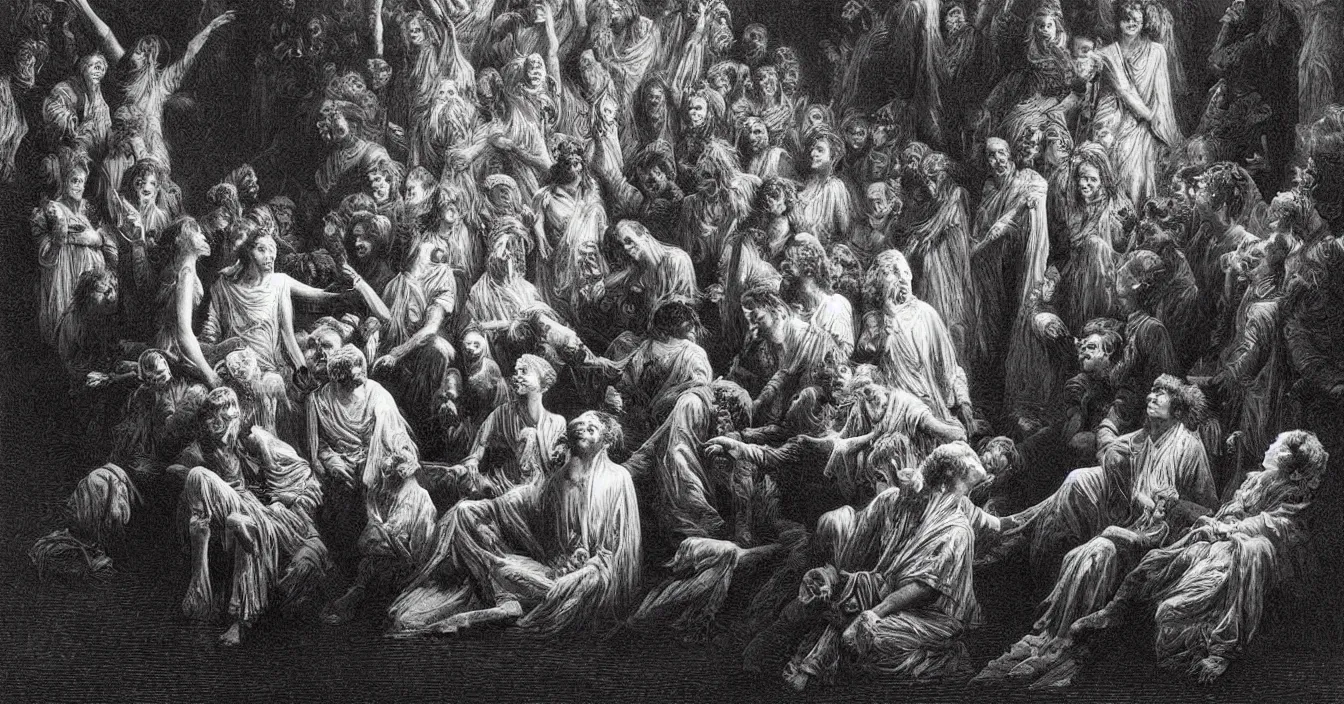 Prompt: human spirits sit in the cinema and watch very deeply the light of consciousness projecting their lives on the big wide screen, realistic image full of sense of spirituality, life meaning, meaining of physical reality, happy atmosphere, by Gustave Dore