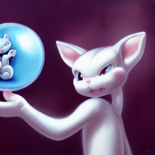 Prompt: cinematic portrait of cute Mew Mewtwo holding onto large blue bubble, oil on canvas, masterpiece, trending on artstation, featured on pixiv, cinematic composition, dramatic pose, beautiful lighting, sharp, details, hyper-detailed, HD, HDR, 4K, 8K
