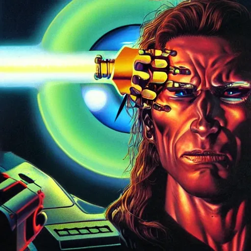 Prompt: portrait artwork of long haired cyborg with damaged robot eye by Greg Hildebrandt. Cinematic lighting. Terminator 2 ending scene