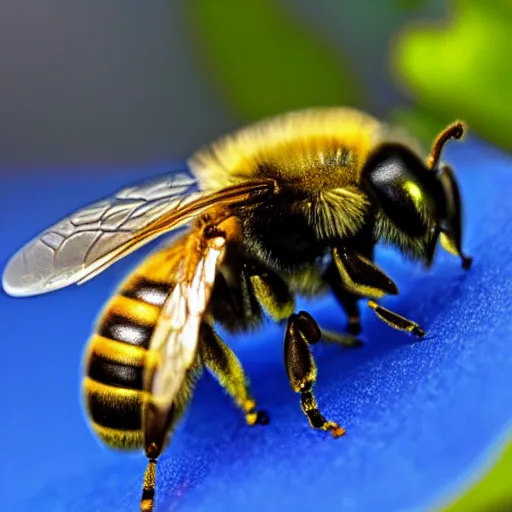 Prompt: a glowing blue metal honey bee, shiny