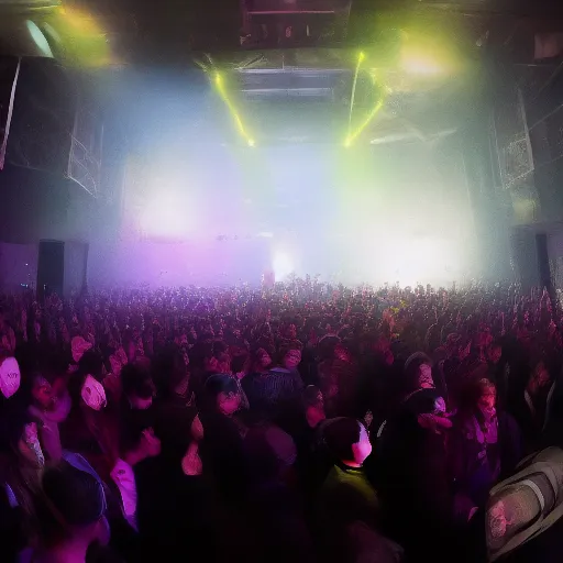 Image similar to A professional event protographer's photo of an Algorave event, taken from aside the podium of the event venue. In frame is a partying crowd and in the front right we see two livecoding artists and a very bright big screen with livecoded visuals projected on it. Focus on the performing artists and the faces of the people in the crowd. Extremely detailed faces. 8k resolution, octane renderer