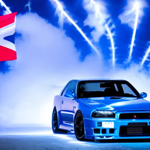 Image similar to electric blue R34 skyline with Canadian flag in the background, photography, 4k, volumetric lighting, glowing fog