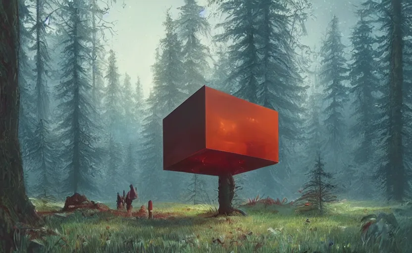 Prompt: a giant metallic cube in the forest, realistic sci-fi painting by simon stålenhag, digital art, trending on artstation