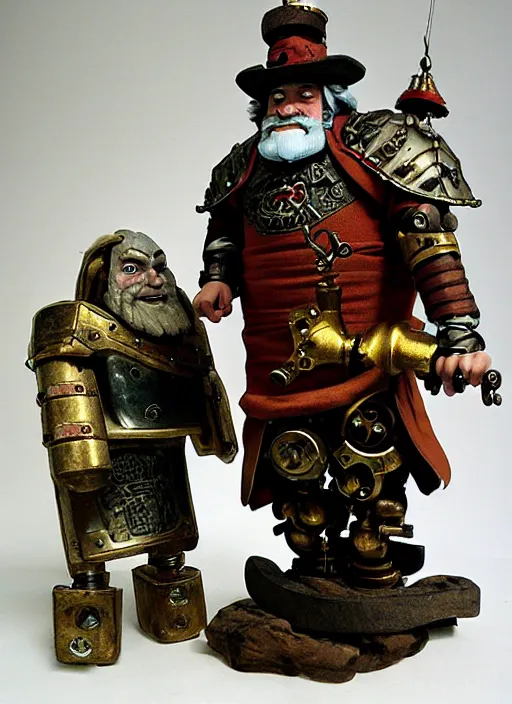 Prompt: an old dwarf musketeer and his large clockwork robot companion, golem, steampunk, ming dynasty, chinese fantasy, realistic, detailed, dungeons and dragons, tabletop rpg, ghostblade, wlop.