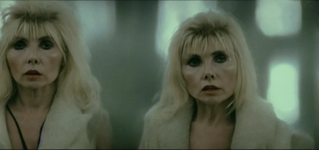 Prompt: a film portrait still of debbie harry in blade runner, gritty cyberpunk atmosphere. realism, cinematic lighting, 4 k. 8 mm. grainy. panavision.