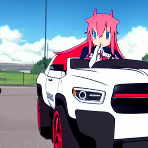 Image similar to zero two from darling in the franxx driving a dodge ram