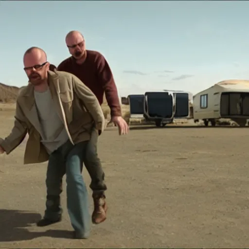 Image similar to jesse pinkman and walter white dancing on top of a caravan