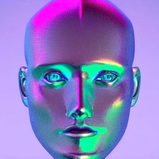 Image similar to 3d render of holographic human robotic head made of glossy iridescent, surrealistic 3d illustration of a human face non-binary, non binary model, 3d model human, cryengine, made of holographic texture, holographic material, holographic rainbow, concept of cyborg and artificial intelligence