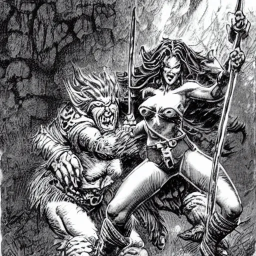 Image similar to a towering bugbear points victoriously at a cowering female human warrior, by Mike Ploog