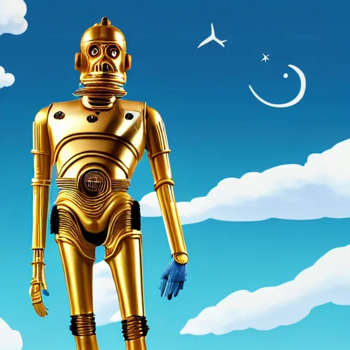 Image similar to full body portrait of Simpson as C3PO in star wars, background blue sky puffy clouds cinematic 4k