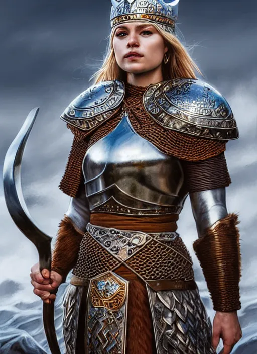 Image similar to photo of a gorgeous viking queen in armor in the style of stefan kostic, realistic, sharp focus, 8 k high definition, insanely detailed, intricate, elegant, art by stanley lau and artgerm