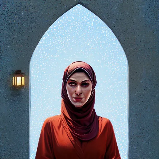 Image similar to detailed face of an arabic woman, terrazzo courtyard, moment, tectonic sky, skydome, reactor, utopian, tech noir, wet reflections, prism, atmospheric, ambient, pj crook, syd mead, livia prima, artgerm, greg rutkowski, nick alm, casey baugh