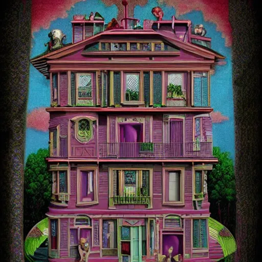 Image similar to a house with many rooms, 8k , lowbrow surrealistic, in the style of Mark Ryden,