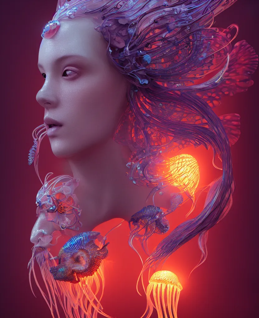 Image similar to goddess close-up portrait. orchid jellyfish phoenix head, nautilus, skull, betta fish, bioluminiscent creatures, intricate artwork by Tooth Wu and wlop and beeple. octane render, trending on artstation, greg rutkowski very coherent symmetrical artwork. cinematic, hyper realism, high detail, octane render, 8k