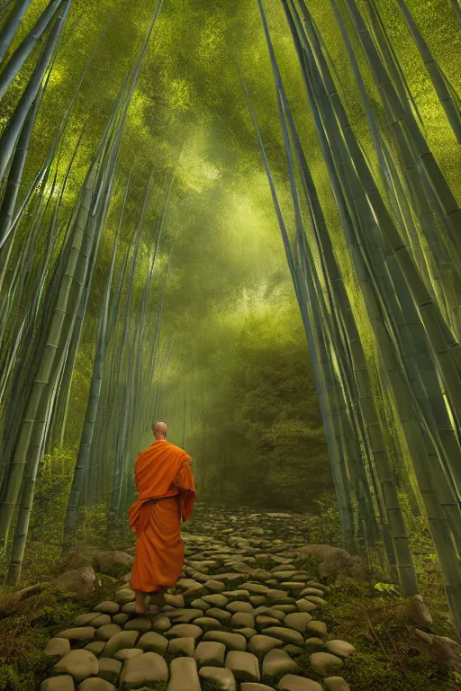 Image similar to a komuso monk in a mysterious japanese bamboo forest with light shafts, atmospheric lighting, by greg rutkowski, ultra realistic, concept art, intricate details, highly detailed, photorealistic, octane render, 8 k, unreal engine