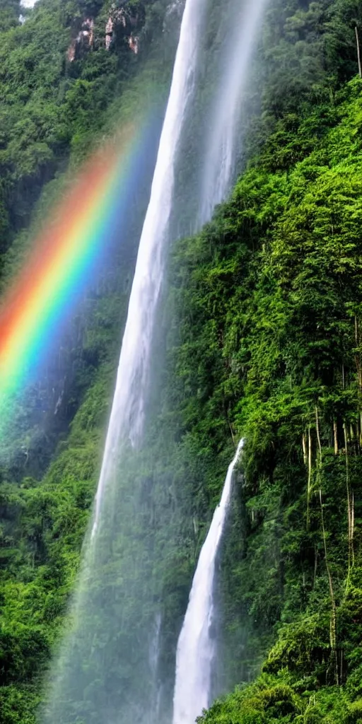 Prompt: A cloudy peak in southern China with one waterfall,rainbow in the middle of the waterfall. the style of National Geographic magazine